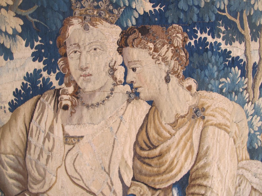 A large 17th-century woven Aubusson tapestry displaying a biblical scene with figures, hounds, and foliage in shades of blue, cream, and green. View XII