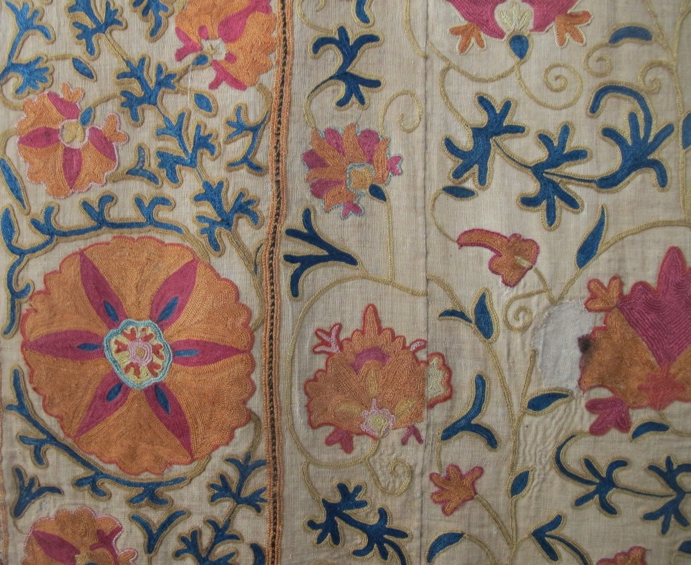 A rectangular hand-embroidered cream cotton textile decorated with orange, pink, and green silk floral roundels and scrolling vine borders. View IV