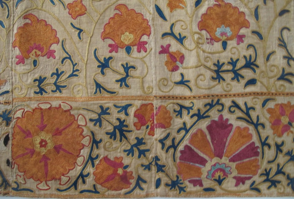 A rectangular hand-embroidered cream cotton textile decorated with orange, pink, and green silk floral roundels and scrolling vine borders. View VII
