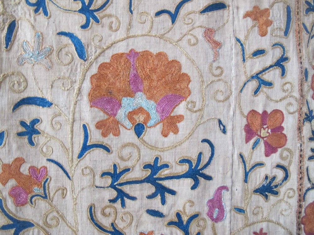 A rectangular hand-embroidered cream cotton textile decorated with orange, pink, and green silk floral roundels and scrolling vine borders. View VIII
