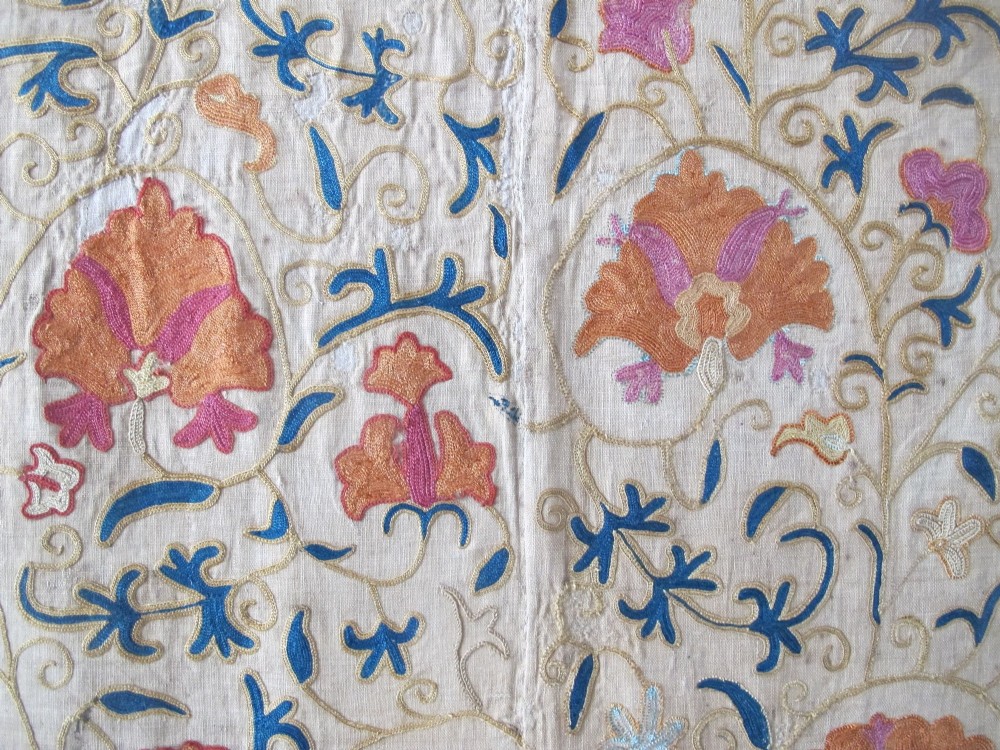 A rectangular hand-embroidered cream cotton textile decorated with orange, pink, and green silk floral roundels and scrolling vine borders. View IX