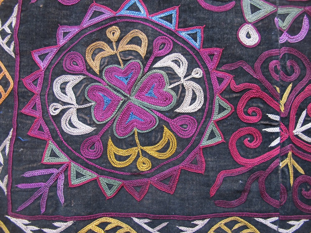 A square dark fabric mirror cover featuring intricate multicoloured silk chain stitch embroidery in circular solar motifs surrounded by a beaded fringe border. View III