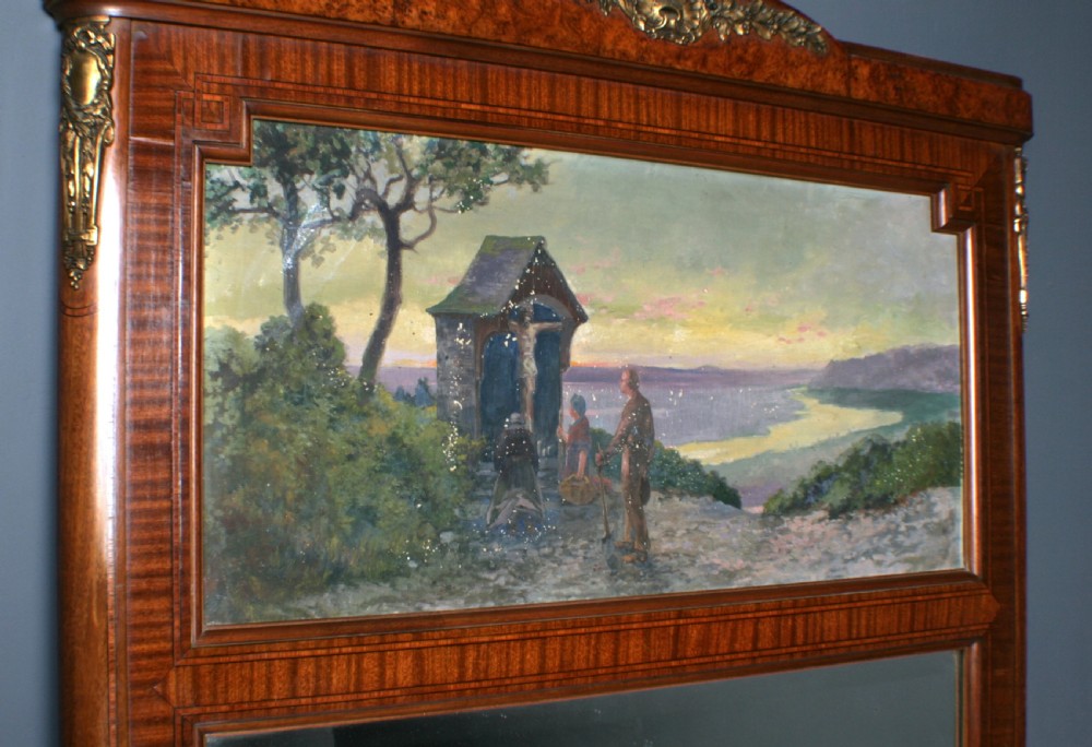 A tall rectangular French walnut wall mirror featuring an inset oil painting of a landscape above a large rectangular glass pane. View VII
