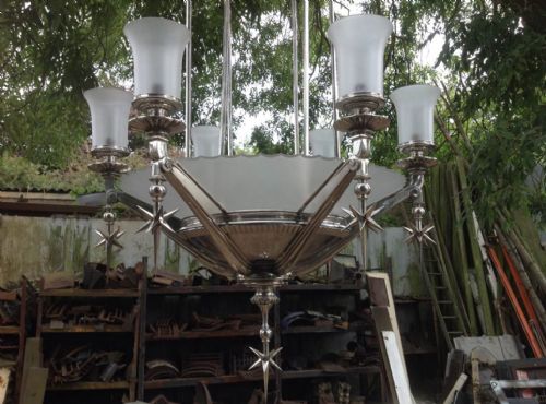 rare nickle silver chandelier with shades ici boardroom light - CATEGORY: ANTIQUE LIGHTING - DATED 1920