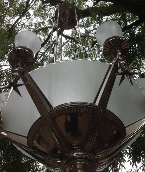 RARE NICKLE SILVER CHANDELIER WITH SHADES ICI BOARDROOM LIGHT - ADDITIONAL PHOTO 2