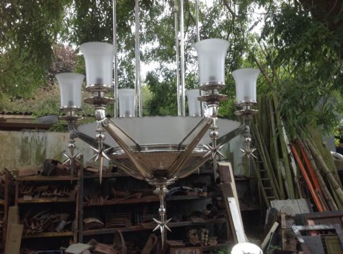 RARE NICKLE SILVER CHANDELIER WITH SHADES ICI BOARDROOM LIGHT - ADDITIONAL PHOTO 3