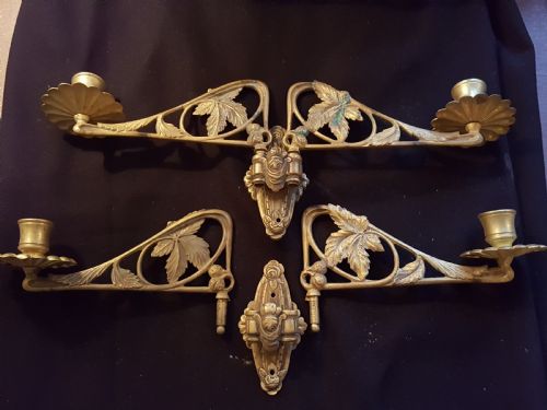one pair of double victorian brass candle sconces - CATEGORY: ANTIQUE LIGHTING - DATED VICTORIAN
