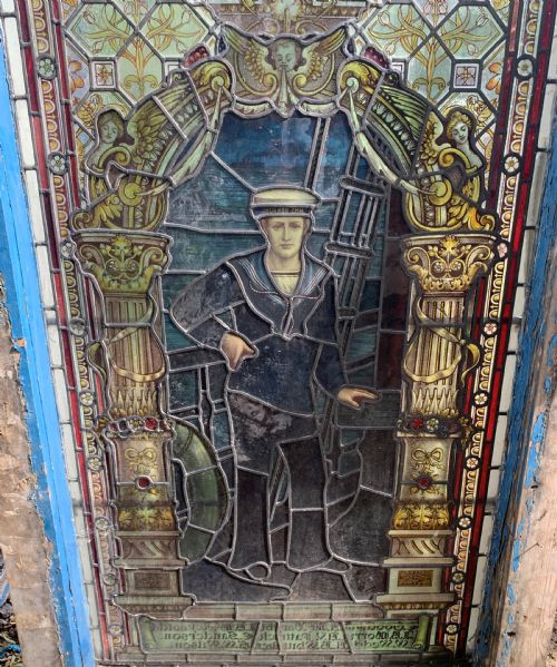 SET OF THREE WW1 MEMORIAL STAINED GLASS WINDOWS SAILOR SOLDIER JOAN OF ARC - ADDITIONAL PHOTO 1