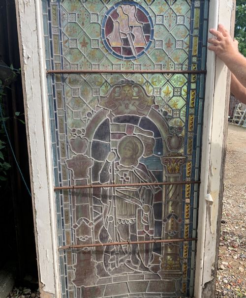 SET OF THREE WW1 MEMORIAL STAINED GLASS WINDOWS SAILOR SOLDIER JOAN OF ARC - ADDITIONAL PHOTO 9