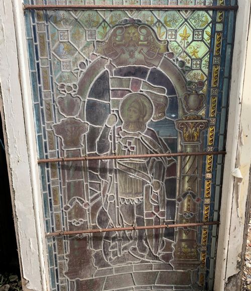SET OF THREE WW1 MEMORIAL STAINED GLASS WINDOWS SAILOR SOLDIER JOAN OF ARC - ADDITIONAL PHOTO 11