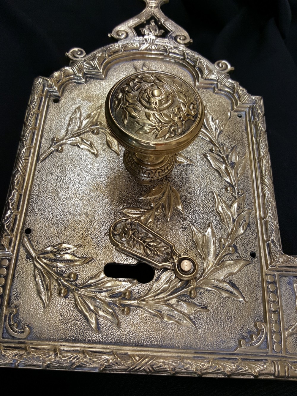 An ornate Regency period cast brass door plate featuring raised botanical leaf decoration, a round decorative door knob, a keyhole escutcheon, and ornate cresting. View III