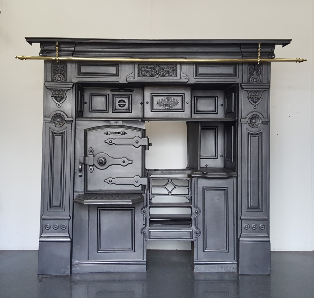 Cast Iron Victorian Cooking Range complete with Brass Pots Hanging Rail.