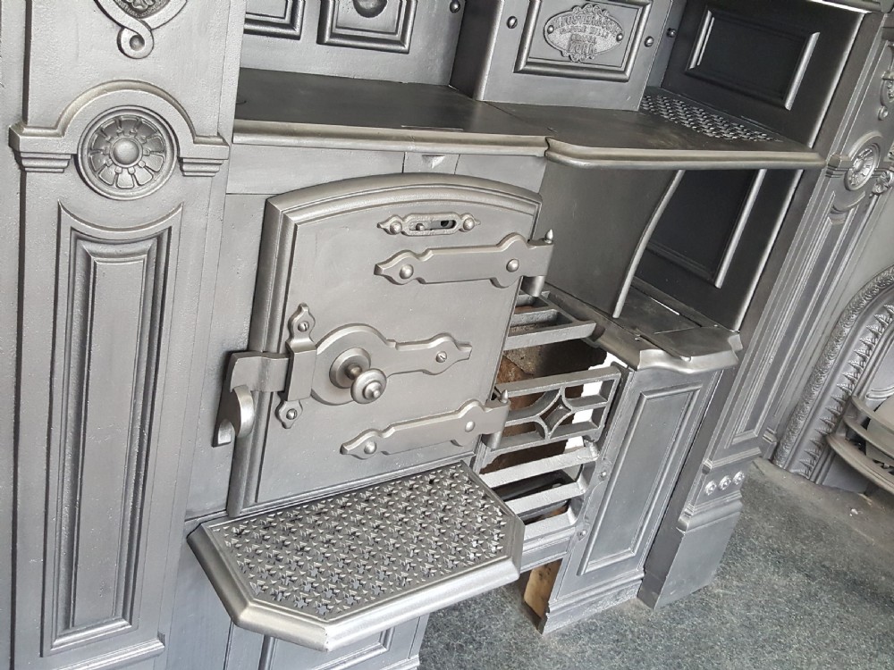 Cast Iron Victorian Cooking Range complete with Brass Pots Hanging Rail. View V