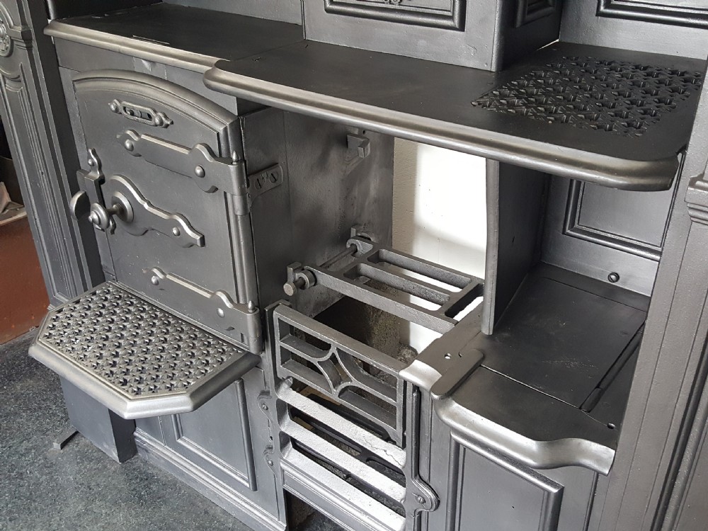 Cast Iron Victorian Cooking Range complete with Brass Pots Hanging Rail. View VIII