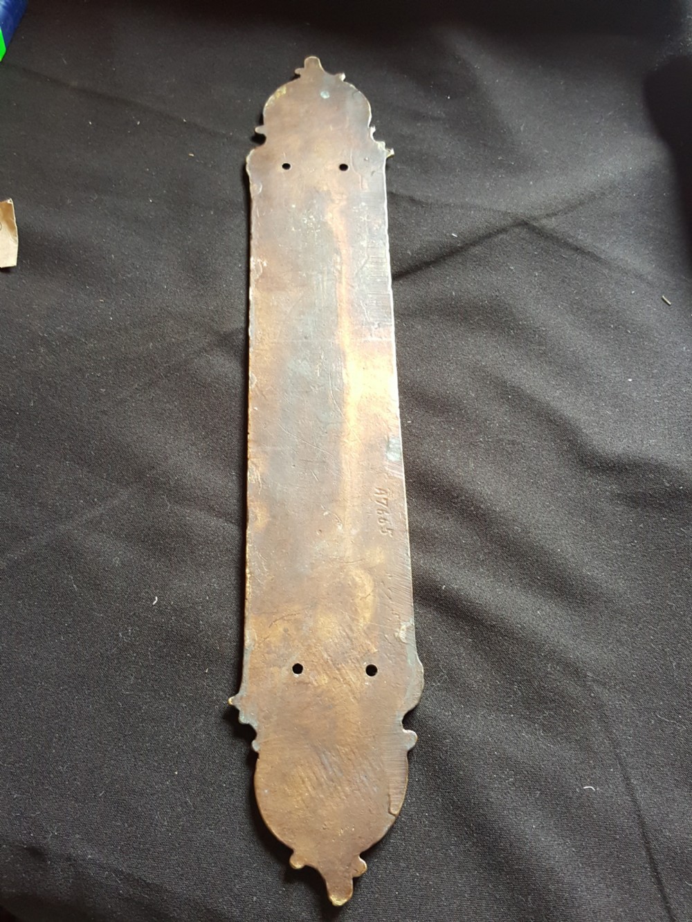 A single cast brass Georgian style finger plate displaying scrollwork and cartouche relief detailing at top and bottom ends. View VI