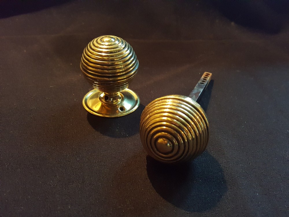 Pair of Brass Victorian Beehive Rim-Lock Door Knobs