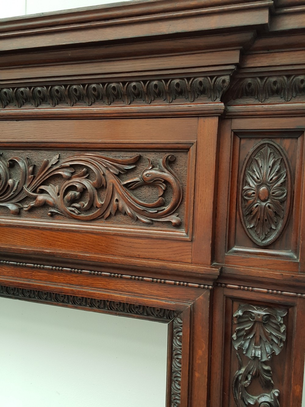 Victorian Carved Solid Oak Fireplace. View III