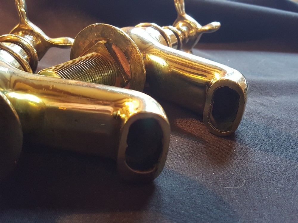 A pair of restored Victorian polished brass bath taps featuring crosshead handles and threaded tails. View III