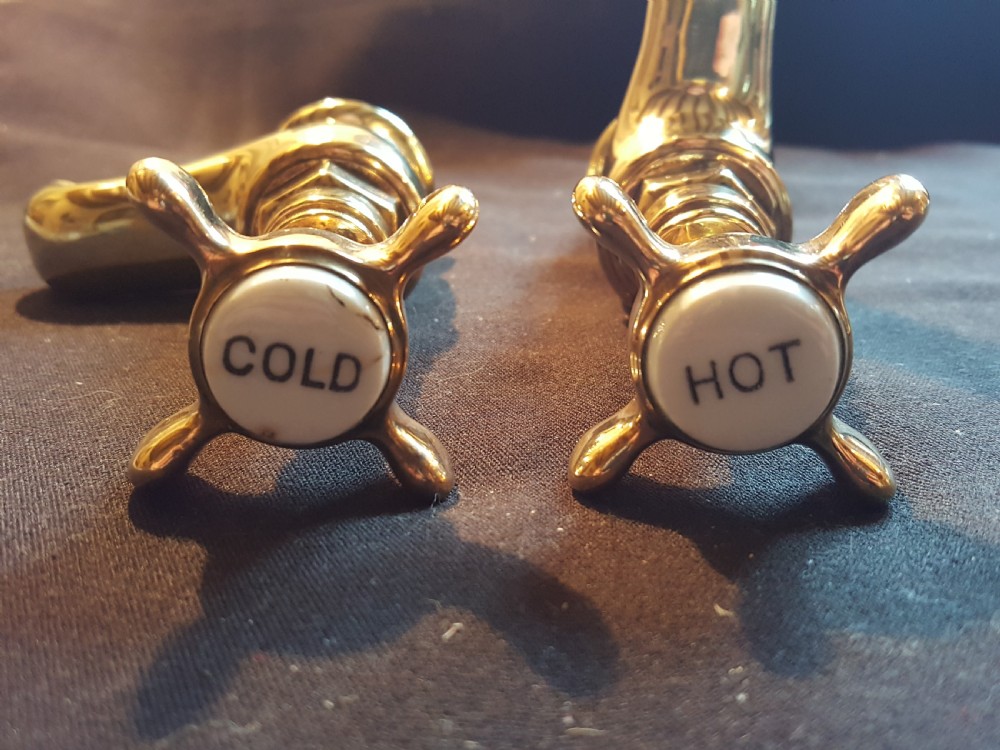 A pair of restored Victorian polished brass bath taps featuring crosshead handles and threaded mounting pillars. View IV
