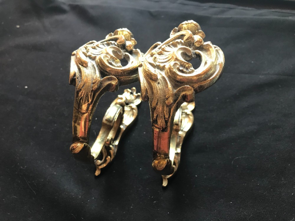 A pair of heavy cast brass curtain tiebacks featuring sculpted acanthus leaf and C-scroll motifs.