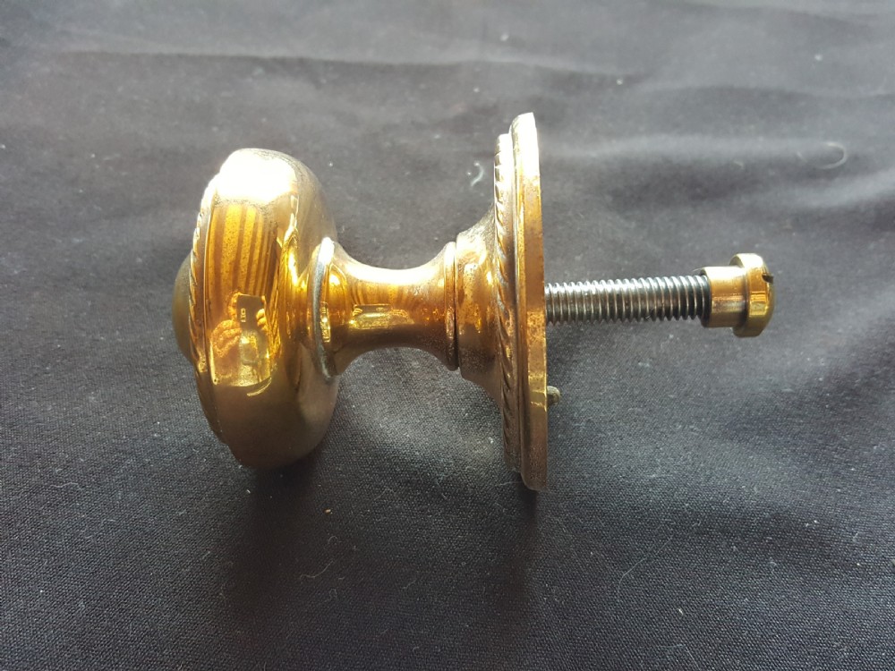 A solid brass Regency centre door knob featuring a circular domed face with a rope-twist border and matching backplate. View III