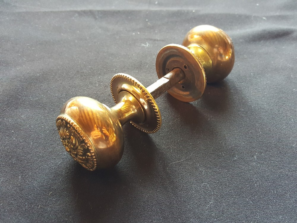 A pair of polished Regency brass door knobs joined by a square spindle, featuring beaded rims and central floral relief details.