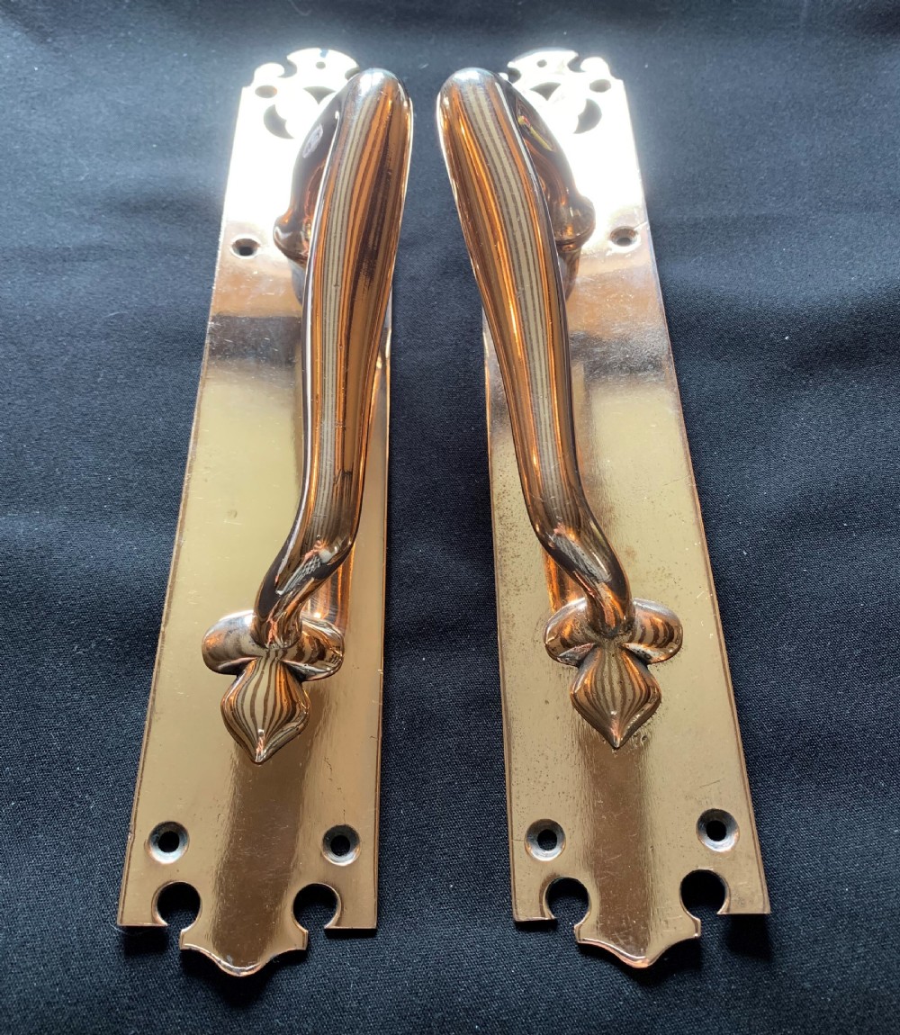 A pair of polished bronze Art Nouveau door pull handles mounted on rectangular backplates with decorative cutouts and floral base motifs.