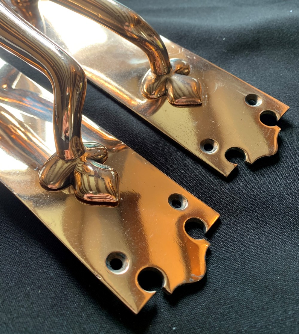 A pair of polished bronze Art Nouveau door pull handles mounted on rectangular backplates with decorative cutouts and floral base motifs. View III