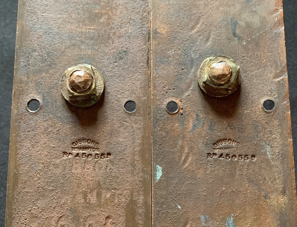 A pair of polished bronze Art Nouveau door pull handles mounted on rectangular backplates with decorative cutouts and floral base motifs. View IV