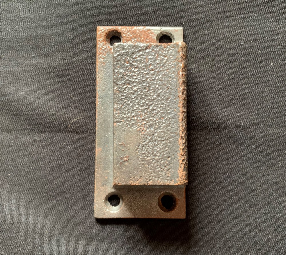 An antique Victorian surface-mounted wooden rim lock crafted from oak with decorative steel straps, accompanied by a steel keep and an original iron key. View VII