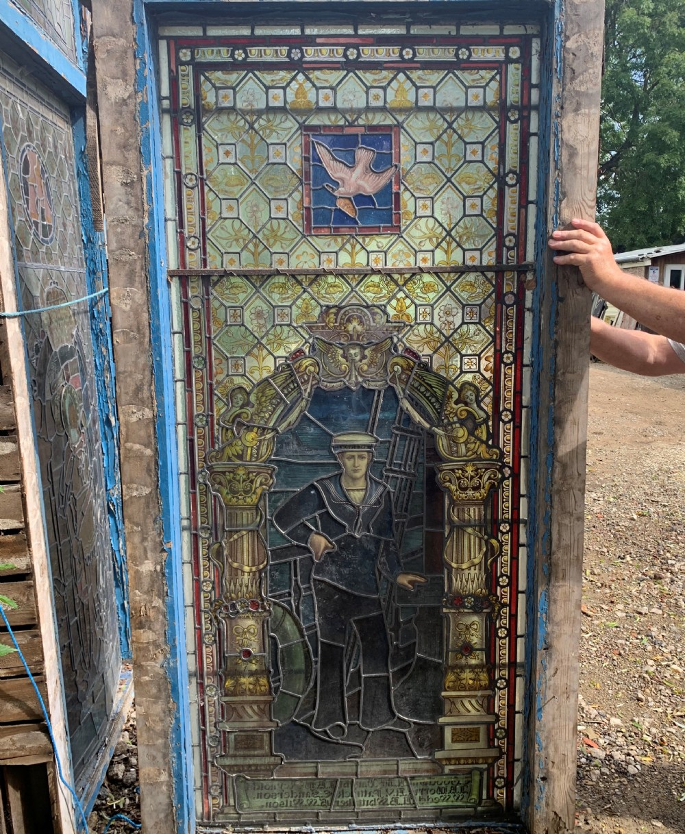 Set of Three WW1 Memorial Stained Glass Windows (Sailor, Soldier & Joan of Arc).