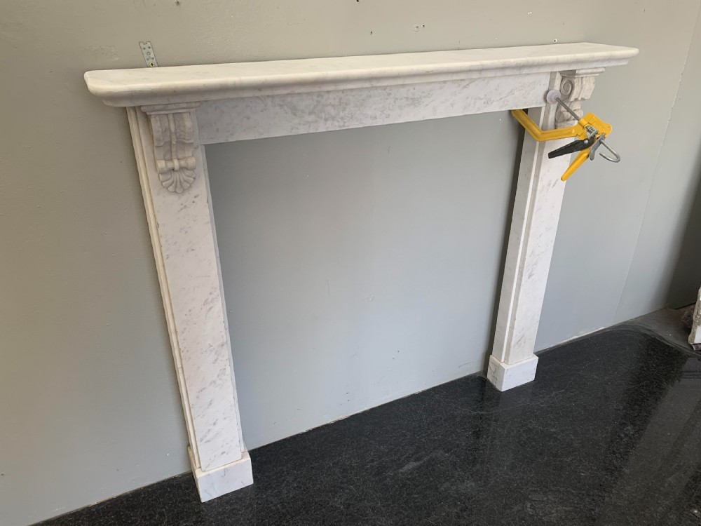 Small Rebate Victorian Corbelled White Statuary Marble Fireplace Surround. View IV