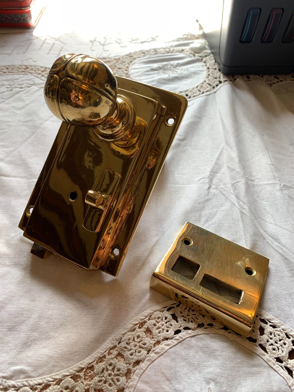 One Pair of Brass Art Nouveau Door Knobs & Door Lock Latch.