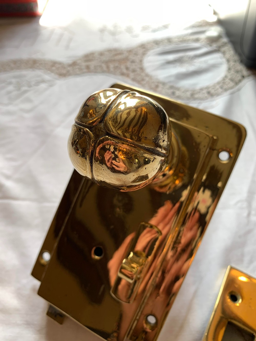 One Pair of Brass Art Nouveau Door Knobs & Door Lock Latch. View II