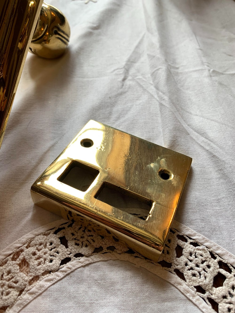 One Pair of Brass Art Nouveau Door Knobs & Door Lock Latch. View III