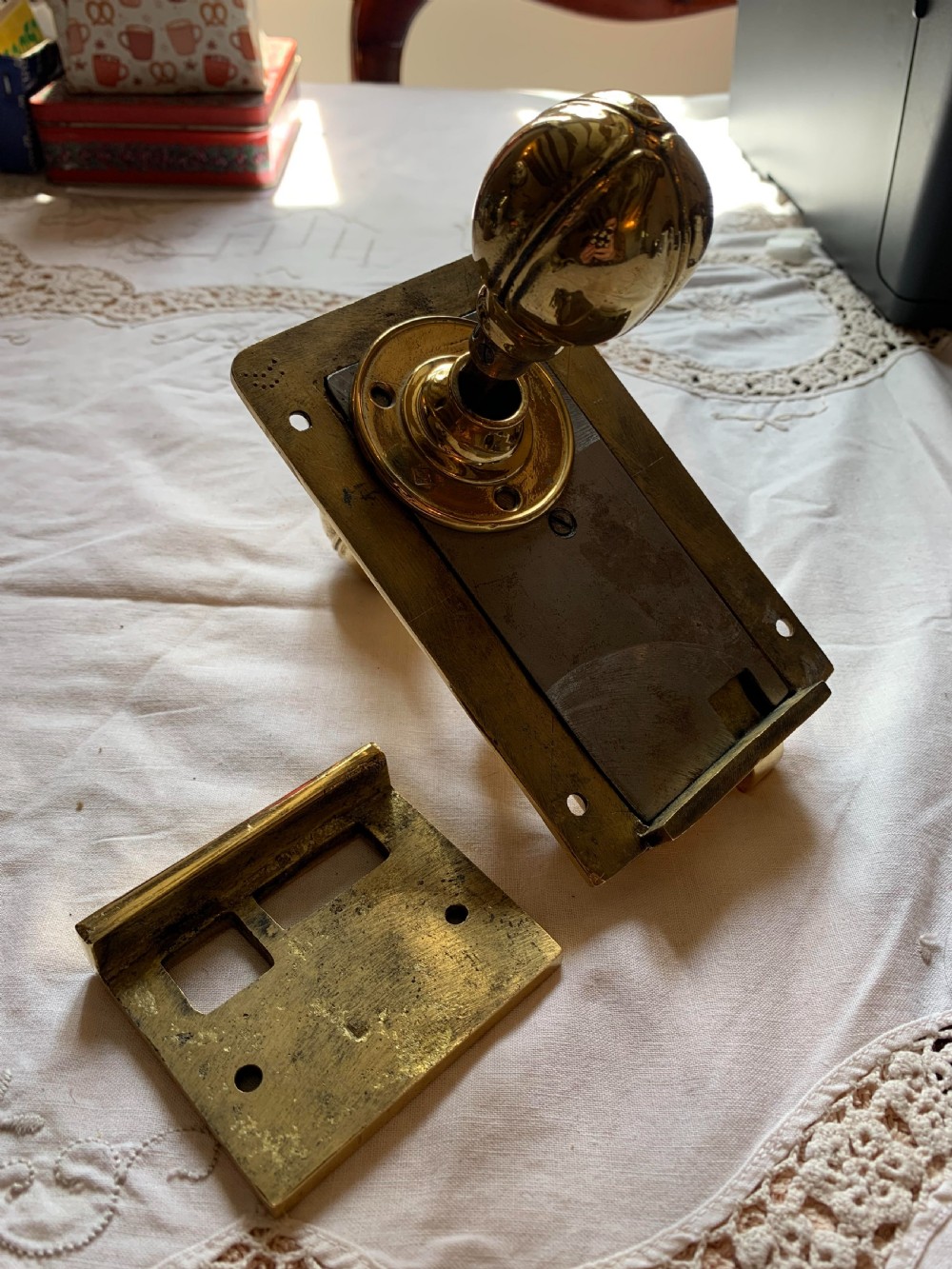 One Pair of Brass Art Nouveau Door Knobs & Door Lock Latch. View V