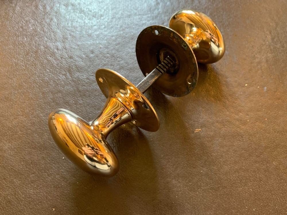 A pair of polished oval brass door knobs connected by a threaded square spindle with circular rose plates.