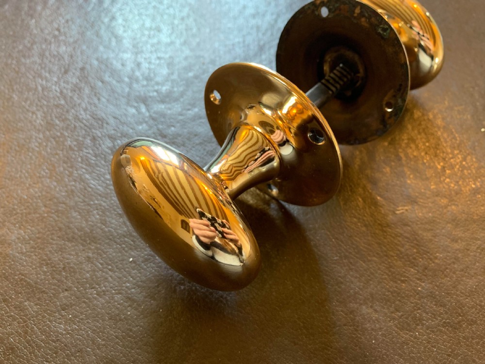 A pair of polished oval brass door knobs connected by a threaded square spindle with circular rose plates. View II