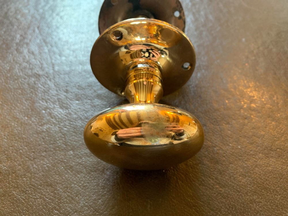 A pair of polished oval brass door knobs connected by a threaded square spindle with circular rose plates. View VII