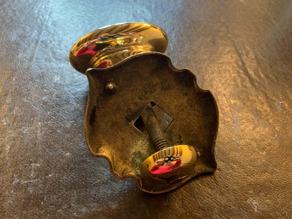 A polished brass Georgian centre door knob featuring an oval handle mounted to a shaped decorative backplate. View V