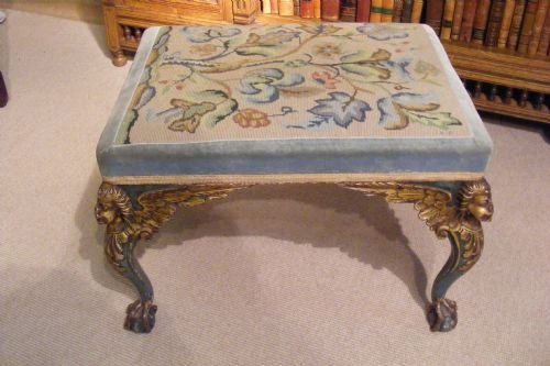 Regency Tapestry Stool with Angelic Carving to Legs and Frame Standing on Ball and Claw Feet.