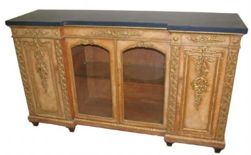 Painted and Gilded Break Front Four Door Side Cabinet Standing on Turned Feet and Having Slate Top