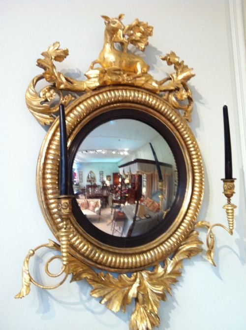 Rare Regency Hand Carved and Gilded Convex Mirror