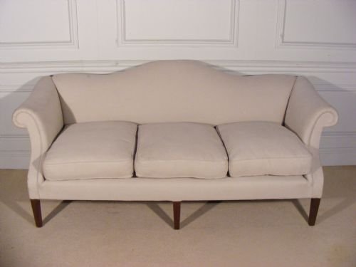 George III Style Mahogany Scroll Arm Camel Back Three Seater Sofa