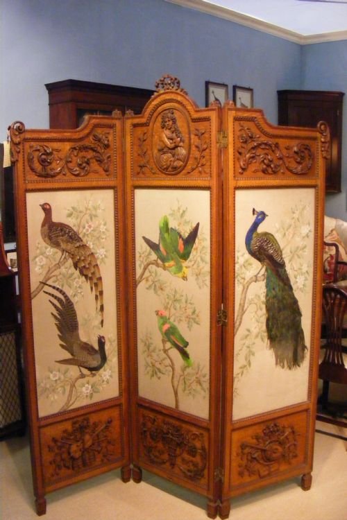 Very Rare and Unusual Three Piece Carved Oak Screen with Watercoloured Panels and Arranged Feathers of Beautiful Birds.