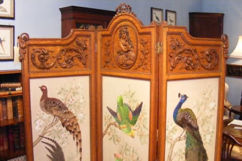 fig 1. Very rare and unusual three piece carved oak Screen with watercoloured panels and arranged feathers of beautiful birds.