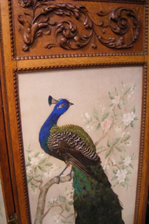 fig 2. Very rare and unusual three piece carved oak Screen with watercoloured panels and arranged feathers of beautiful birds.