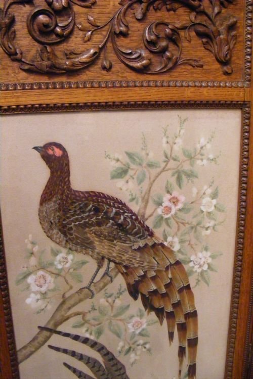 fig 3. Very rare and unusual three piece carved oak Screen with watercoloured panels and arranged feathers of beautiful birds.