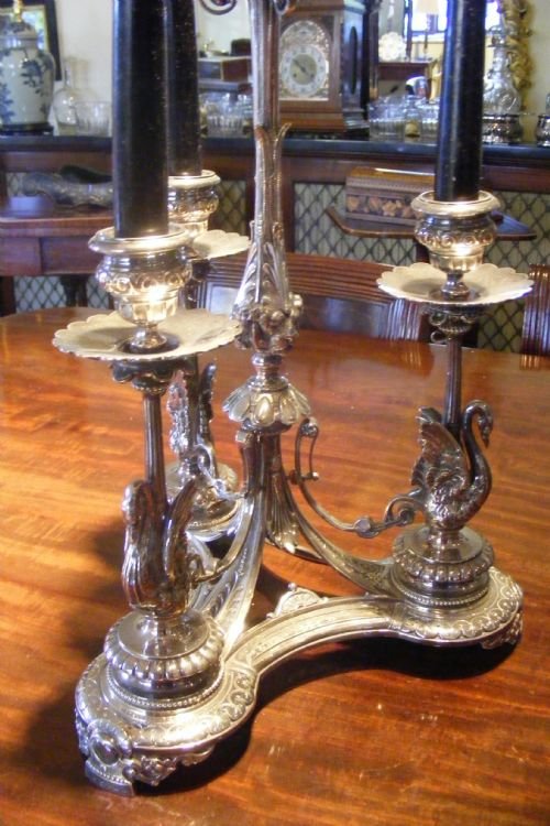 Very Beautiful Silver Plated Triple Candle Holder with Carved Swans and Lions Heads.
