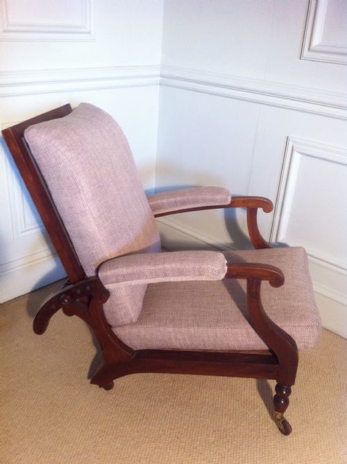 Unusual Mahogany Reclining Campaign Chair Newly Upholstered by J Shoolbred.